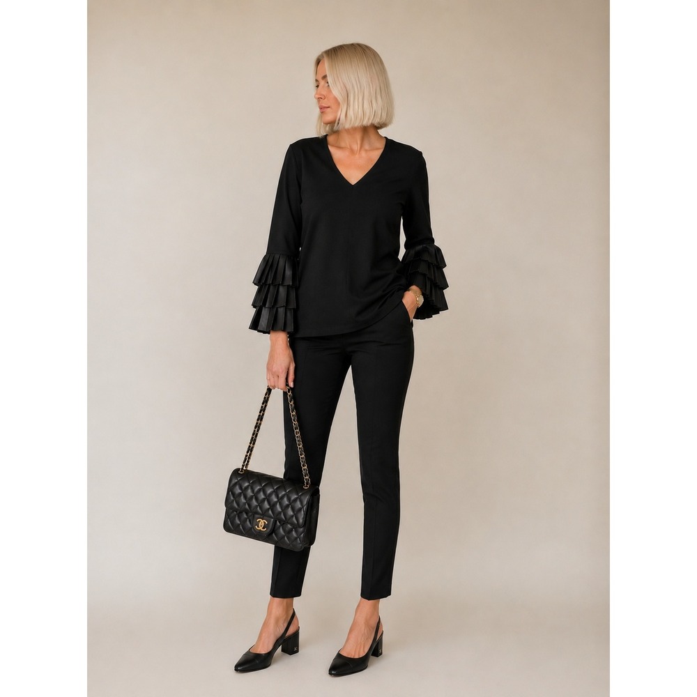 Chico's Pleated Faux Leather Sleeve Black Tunic Top NWT Size 4 XXL